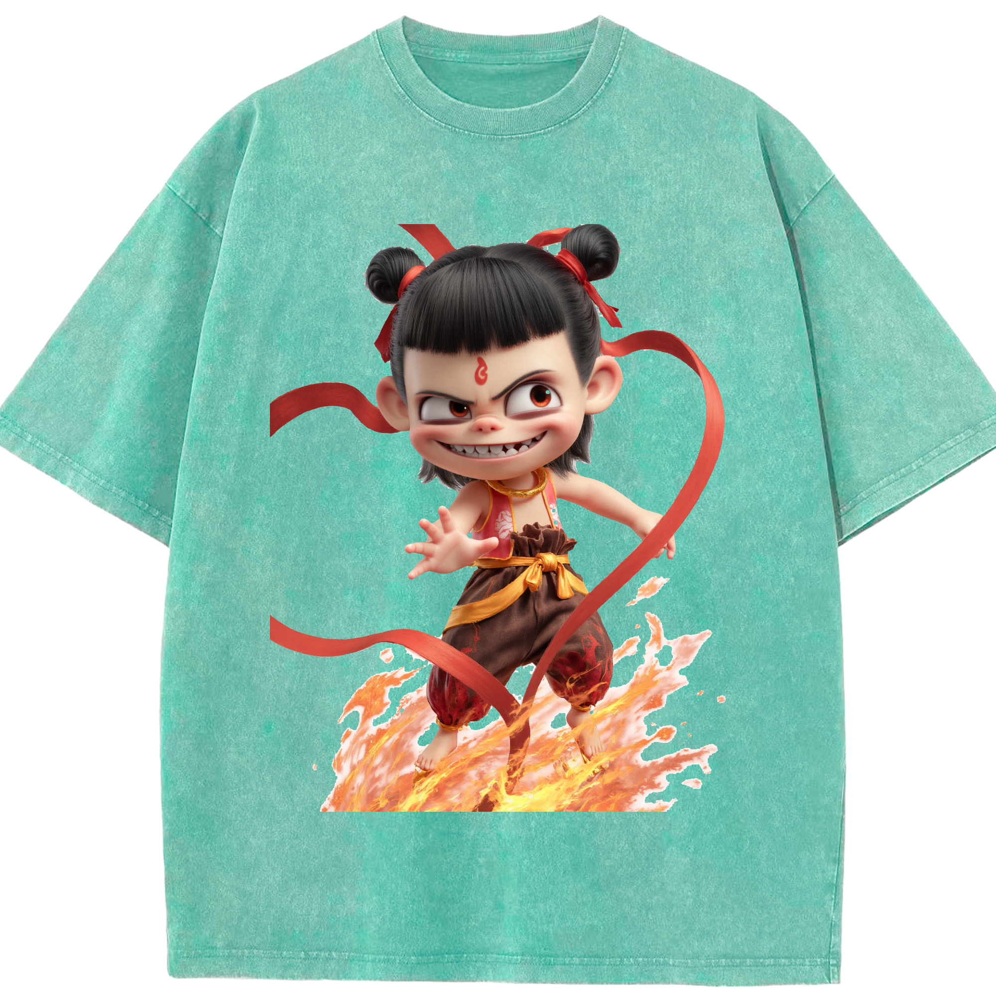 （画像用） Ne Zha 2 ナタ 魔童の大暴れ 綿100% ヴィンテージ風 半袖Tシャツ（フロントプリント）